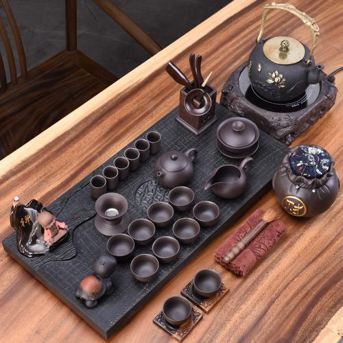 豪峰乌金石茶盘茶具套装 一方案上山水，煮尽千古风雅